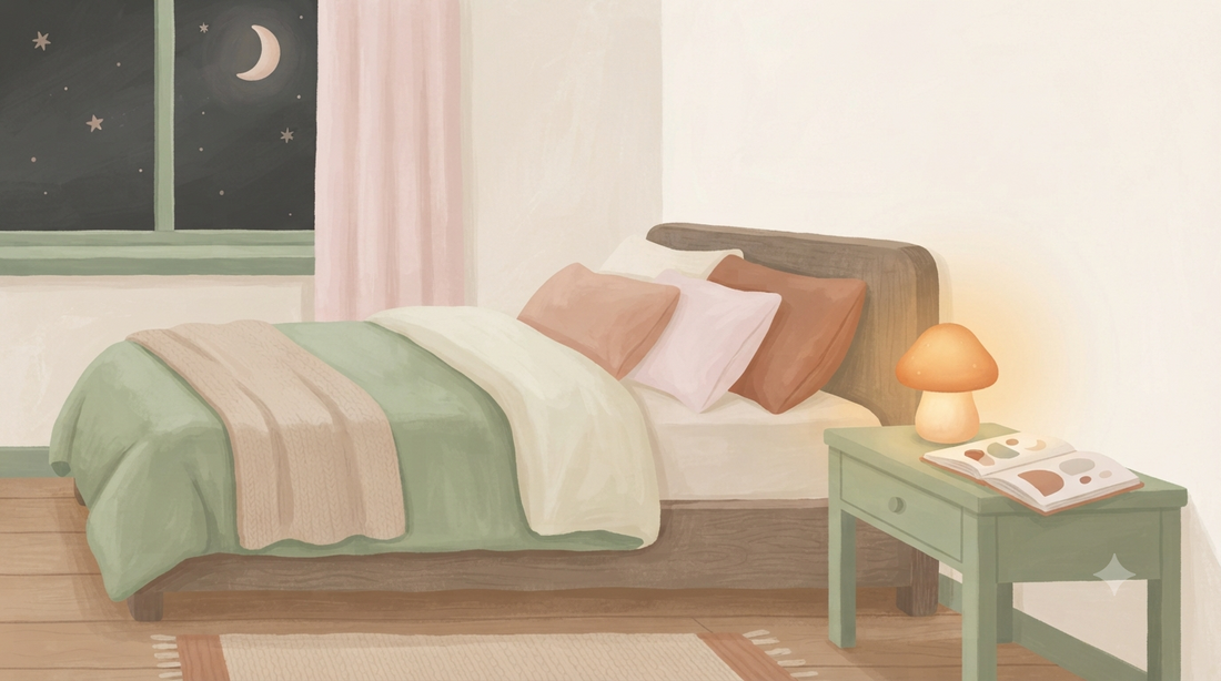 Lit d'enfant douillet avec livre bilingue ouvert, ambiance chambre du soir – My Little Bichou